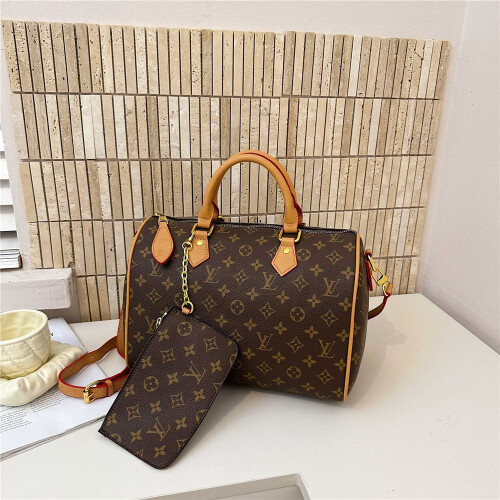 (Light brown) Printed cylinder travel tote