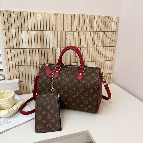 (Red) Printed cylinder travel tote