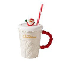 (WHITE) Creative Christmas Mug Christmas Tree Ceramic Water Mug High Appearance Level Sweater with Covered Straw Ceramic Couple Cup