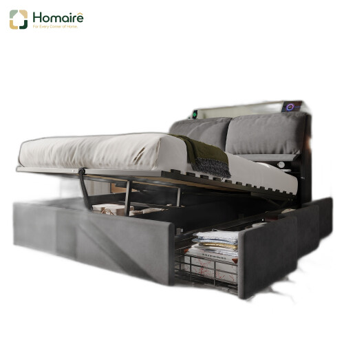 HOMAIRE 5ft Grey Velvet King Bed with Storage