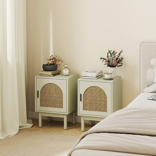 Homcom HOMCOM 2-Piece Rattan Bedside Table Set, Boho Cabinet, Light Green