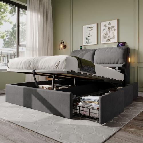 HOMAIRE 5ft Grey Velvet King Bed with Storage 1