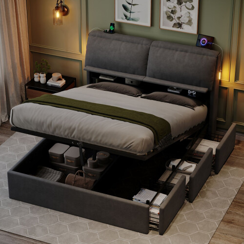 HOMAIRE 5ft Grey Velvet King Bed with Storage 2