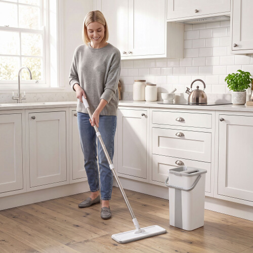 Homcom HOMCOM Mop and Bucket Set, Flat Mop System with Wringer, 2 Chambers, White