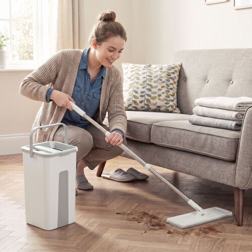 Homcom HOMCOM Mop and Bucket Set, Flat Mop System with Wringer, 2 Chambers, White 1