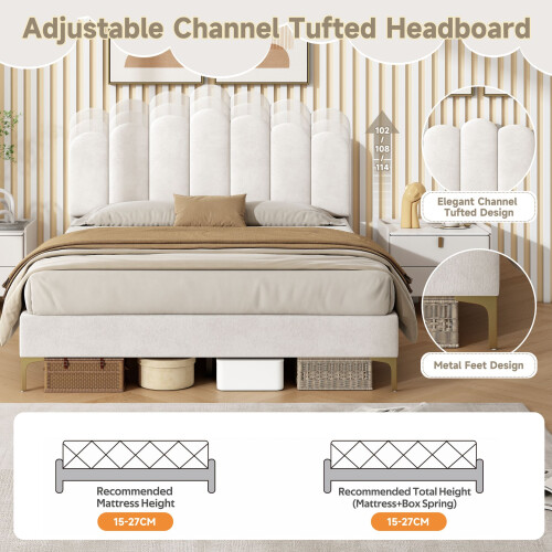 HOMAIRE 4ft6 Velvet Upholstered Bed Frame Beige 1