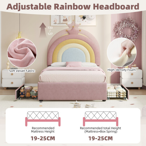 HOMAIRE 3ft Pink Velvet Bed with Rainbow Headboard 1