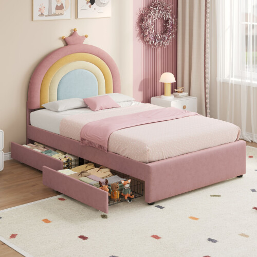 HOMAIRE 3ft Pink Velvet Bed with Rainbow Headboard 2