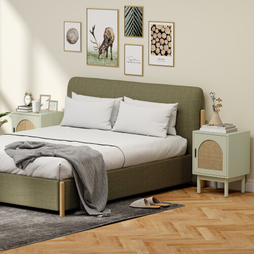 Homcom HOMCOM 2-Piece Rattan Bedside Table Set, Boho Cabinet, Light Green 1