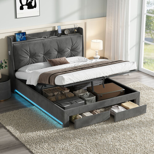 HOMAIRE Grey Velvet Ottoman Bed Frame 4ft6 2