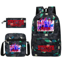 (Pink, Three-piece set) Stranger Things Backpack Set 3-Piece Student School Bag with Lunch Bag & Pencil Case Black TV Merch