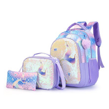 (Unicorn light purple) 3Pcs Unicorn Mermaid Backpack Set with Lunch Bag Pencil Case Multi-Pocket Large Capacity School Bag for Girls