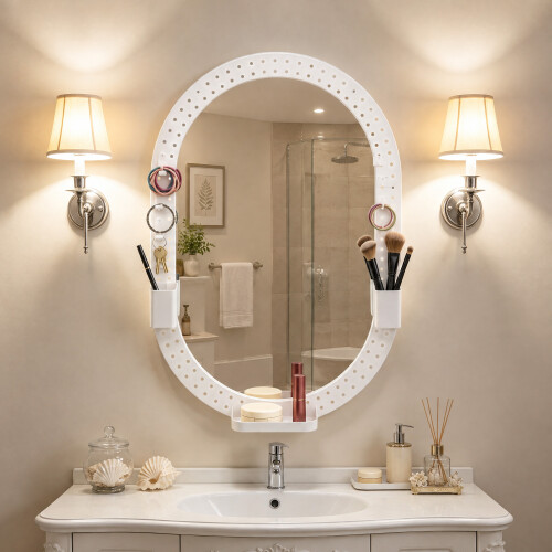 Homcom (White) HOMCOM Oval Wall Mirror, 60 x 90 cm, Pegboard Frame, Wall-Mounted