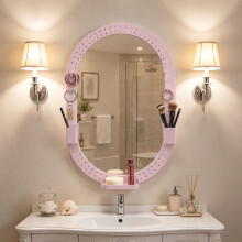 (Pink) HOMCOM Oval Wall Mirror, 60 x 90 cm, Pegboard Frame, Wall-Mounted