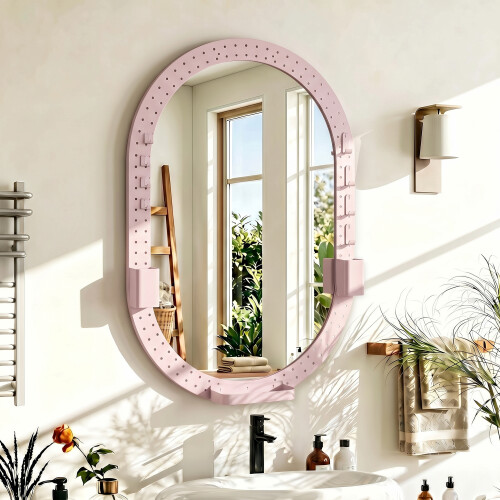 Homcom (Pink) HOMCOM Oval Wall Mirror, 60 x 90 cm, Pegboard Frame, Wall-Mounted 1
