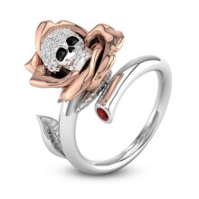 (No 10)Anello in rame intarsiato zirconi forma teschio fiore regolabile accessorio gioielli donna