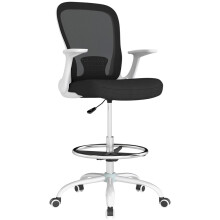 Draughtsman Chair, Mesh Drafting Chair, Ergonomic Office Chair with Flip-up Armrest, Adjustable Foot Ring, Black White