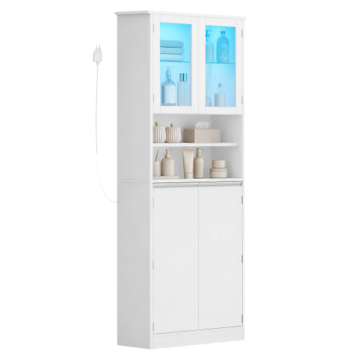Kitchen Pantry Cupboard with LED lighting, Countertop, White