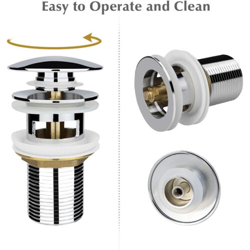 Pop Up Automatic Push Open Drain for Sink Chrome Copper, Solid Brass Bounce Core Quick Seal with Double Sealing Washer, Standard Thread 1
