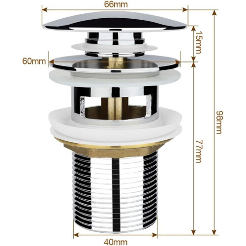 Pop Up Automatic Push Open Drain for Sink Chrome Copper, Solid Brass Bounce Core Quick Seal with Double Sealing Washer, Standard Thread 2