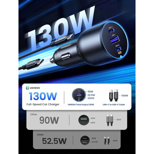 130W USB C autolader, PD 100W + PD 30W Type C autoladeradapter compatibel 1