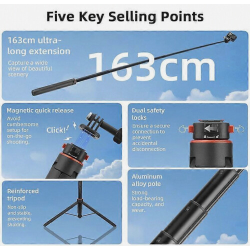 FLYMILE 163cm Magnetic Tripod Quick Release Extended Pole for Action Cameras 2