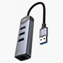LDNIO DS-144U USB-A naar 3x USB3.0-poorten RJ45 Gigabit Ethernet-hubadapter voor laptop pc
