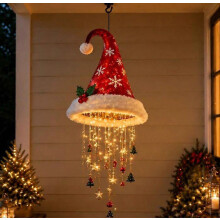 Hangende kroonluchter met kerstmuts en verlichting, warme LED-kerstverlichting, binnen- en buitenverlichting voor de feestdagen, geschi