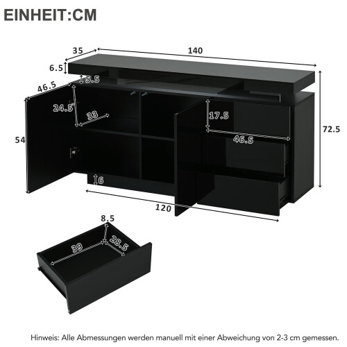 HOMAIRE Black LED Sideboard 2 Doors 3 Drawers 1