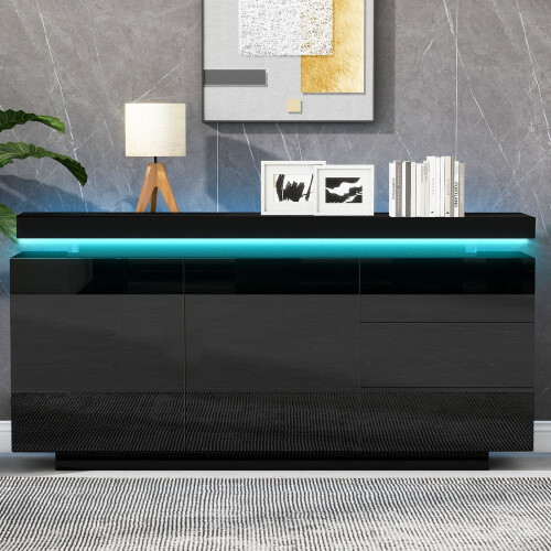 HOMAIRE Black LED Sideboard 2 Doors 3 Drawers 2