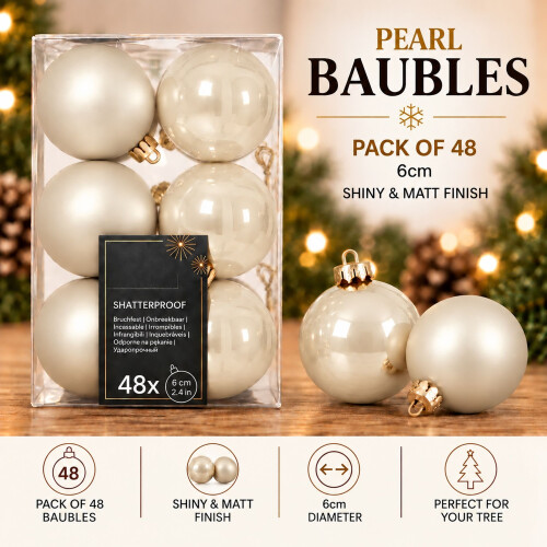 48 Christmas Tree Baubles Pearl Gold 1