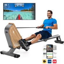 (Grey) Foldable Wooden Magnetic Rowing Machine, 16 Resistance Levels, Dual Quiet Flywheels, 160kg Capacity & App Connectivity