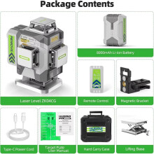 4D 16-Line Green Laser Level, 4x360 Self-Leveling, 2mm/10m Accuracy, 8000mAh Battery, IP54, USB-C & Remote Control