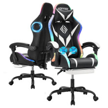 (White+Black Bottom) RGB Gaming Chair with Bluetooth Speakers, Massage, Footrest & Lumbar Support, Ergonomic High-Back Computer Chair