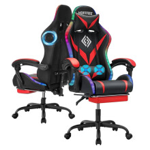 (Red+Black Bottom) RGB Gaming Chair with Bluetooth Speakers, Massage, Footrest & Lumbar Support, Ergonomic High-Back Computer Chair