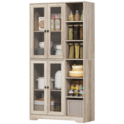 Multi-Storage Kitchen Cabinet, with Glass Doors - Grey Wood-Effect 1