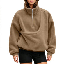 (Khaki, XL) Women Casual Plush Solid Color Pet Pocket Half Zipper Hoodless Sweatshirt Funny Pullover Sweatshirt Dress Women Casual