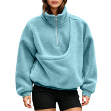 (Light Blue, XL) Women Casual Plush Solid Color Pet Pocket Half Zipper Hoodless Sweatshirt Funny Pullover Sweatshirt Dress Women Casual