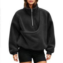 (Black, S) Women Casual Plush Solid Color Pet Pocket Half Zipper Hoodless Sweatshirt Funny Pullover Sweatshirt Dress Women Casual