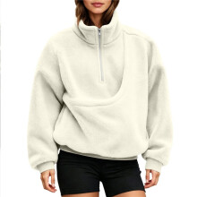 (White, XXL) Women Casual Plush Solid Color Pet Pocket Half Zipper Hoodless Sweatshirt Funny Pullover Sweatshirt Dress Women Casual