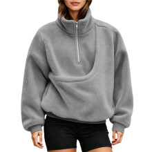 (Grey, XL) Women Casual Plush Solid Color Pet Pocket Half Zipper Hoodless Sweatshirt Funny Pullover Sweatshirt Dress Women Casual