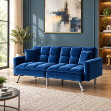 Sofa Bed 2 Seater Blue Velvet Click Clack Sofa Settee Recliner Couch with Metal Legs 2 Pillows