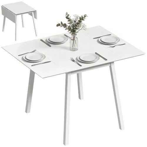 Solid Wood Folding Dining Table, Drop Leaf Table for 2-4 People, Rectangle Kitchen Table for Small Space, White