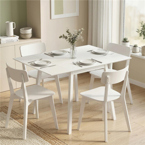 Solid Wood Folding Dining Table, Drop Leaf Table for 2-4 People, Rectangle Kitchen Table for Small Space, White 2
