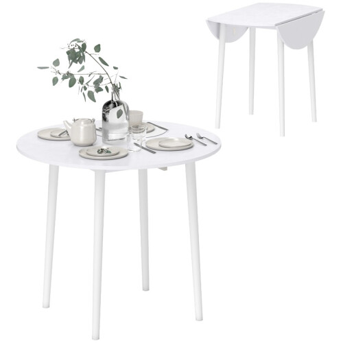 Folding Dining Table for 4, Round Drop Leaf Table, Modern Space Saving Small Kitchen Table with Wood Legs for Dining Room, White