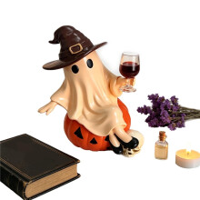Halloween Resin Ghost Statue Witch Hat Wearing Ghost Sitting on Lantern Pumpkin Shaped Sculpture Gothic Ghost Ornament