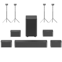 (UK Plug) 410W 7.1CH Soundbar with 4 Wired Surround Speakers, 6.5-Inch Wireless Subwoofer & 4 Steady 300 Speaker Stands, SurroundX Home Theater