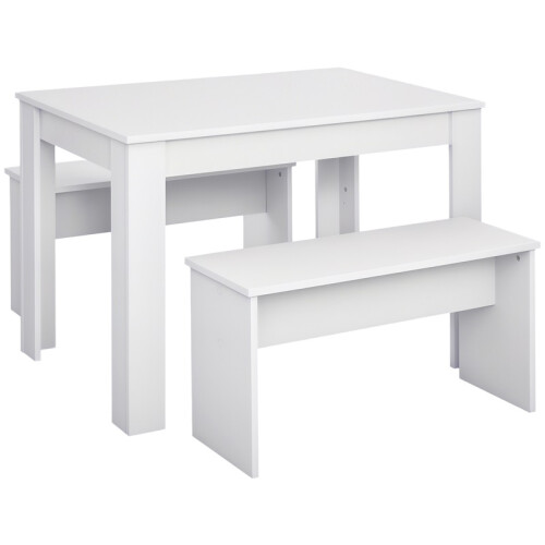 Kitchen Dining Table and 2 Benches Set, Table and Chairs Set for Limited Space, White