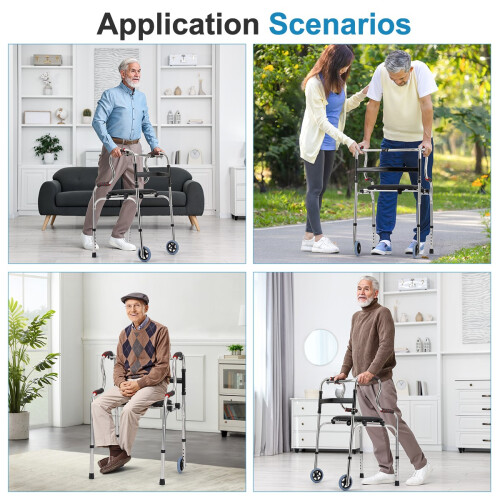 Foldable Aluminum Alloy Walker with Wheels and Leather Seat Height adjustable 2