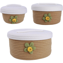 Cotton Woven Organizer Basket with Lid Decorative 3 Sizes Brown — rope storage bins, nursery shelf tidy, boho home decor